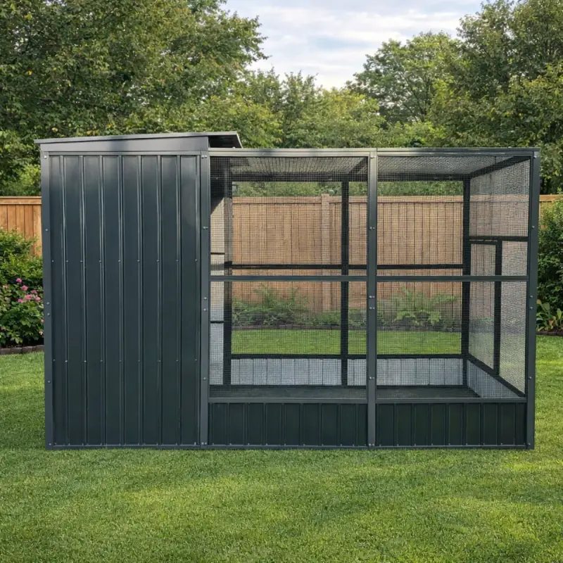 Large bird aviary insulated and mesh roof