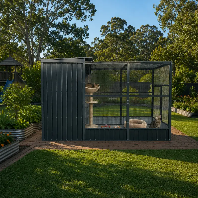 Outdoor cat enclosure insulated and wire roof