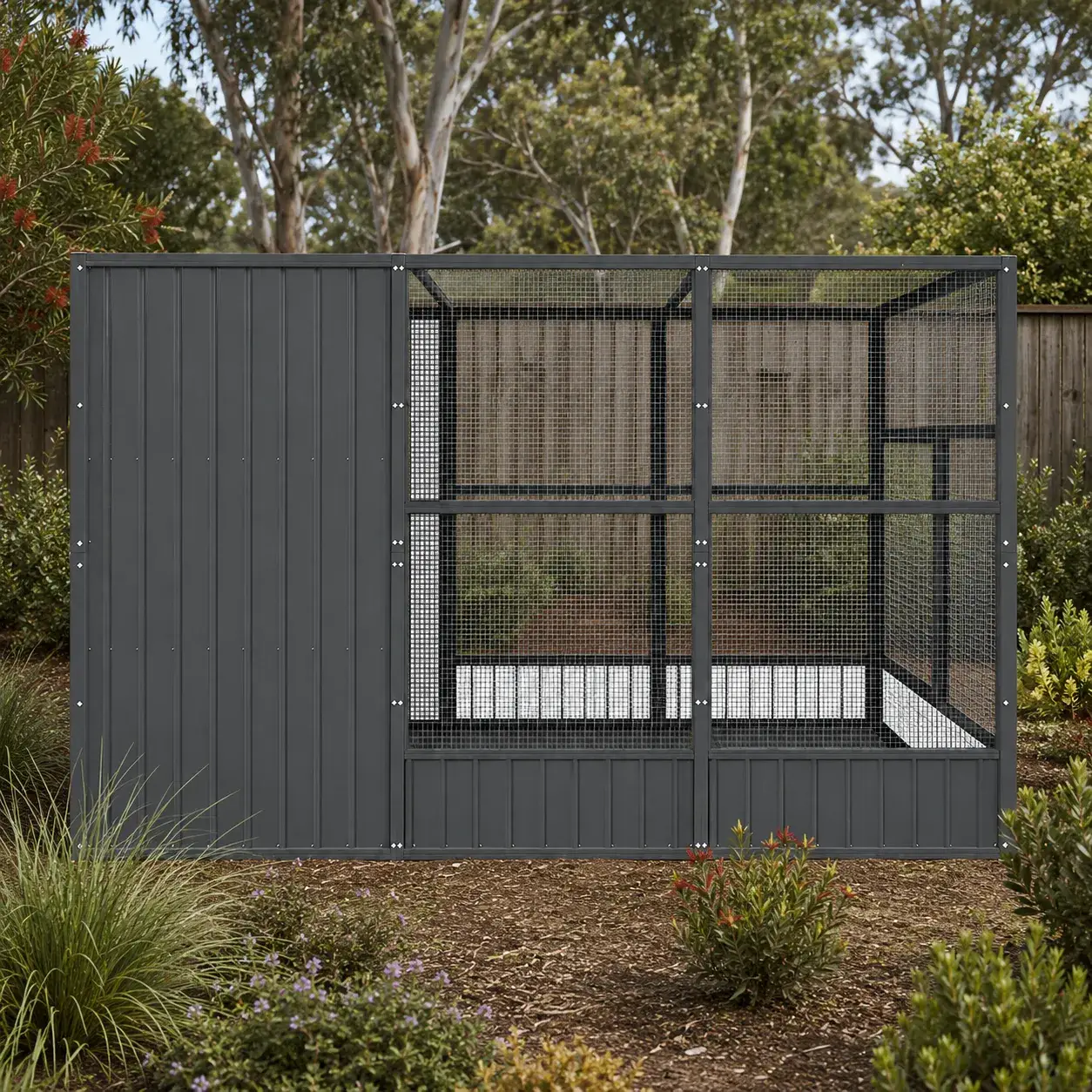 Open top dog enclosure with wind break 1x3